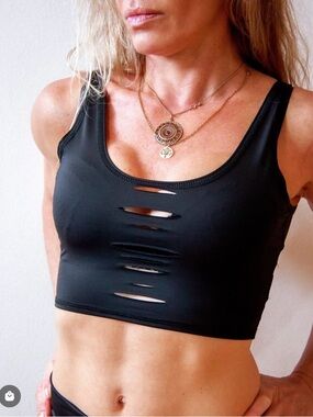teeki Black Distressed Cutout Crop Tank